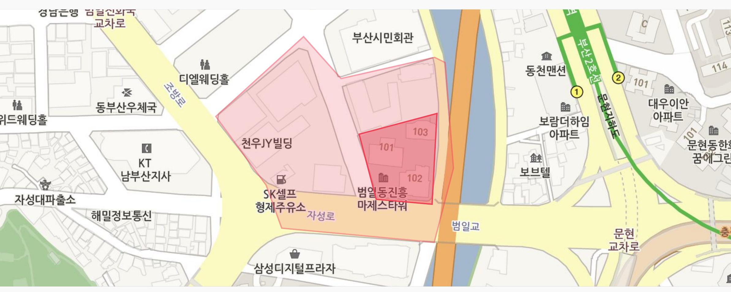 부산 범일동 일대 지도에서 ‘조방 앞’으로 호출된 이력 지역과 랜드마크로 설정된 지역을 표시한 모습.